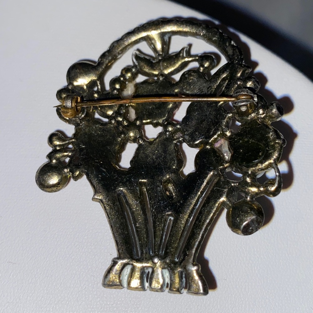 Antique Celluloid Rhinestone Floral Flower Basket Estate Brooch Pin - Picture 2 of 3